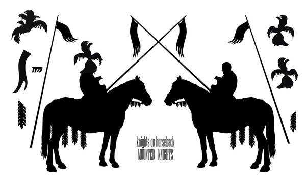 a set of details for a medieval knight, silhouettes of two mounted knights isolated on a white background