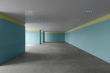 Interior of an empty long hall with concrete floor, modern building design, 3d rendering illustration