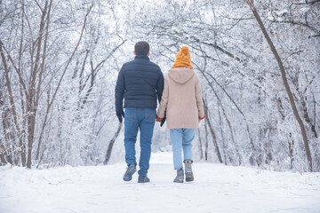 Fototapeta na wymiar couple hand in hand in winter park
