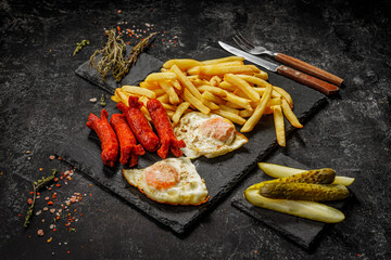 close up of a black plate of fried egg with french fries. Fast food restaurant menu concept