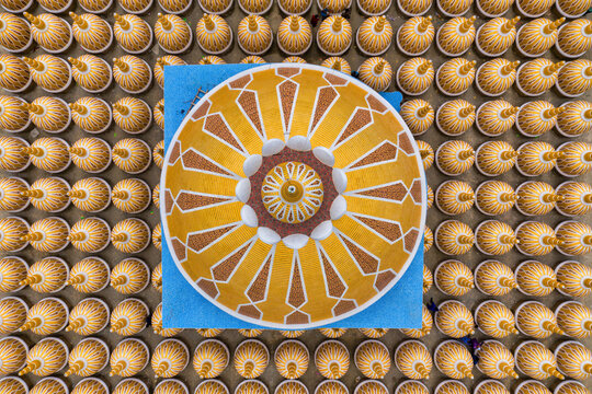 Aerial view of the geometric pattern from Gombuj Masjid islamic mosque along Jhinai river in Gopalpur township, Dhaka, Bangladesh.