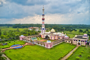 Aerial view of Baitul Aman Jame Masjid, a beautiful islamic mosque complex in Wazirpur, Barisal district, Bangladesh.
