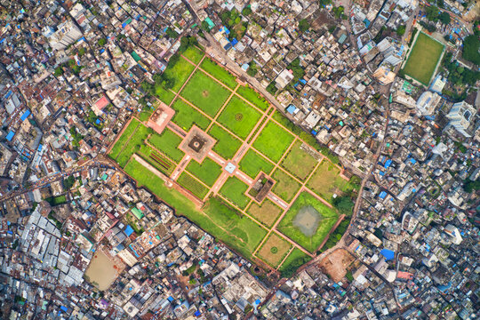 Aerial view of Lalbagh fort, a famous and touristic landmark  with Lalbagh islamic mosque in Dhaka, Bangladesh.