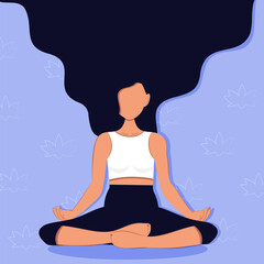 Vector. Cartoon girl with a slender figure in the lotus position, yoga, hair fluttering. Background design for print, social media, banners, invitations, covers, flyers, brochures, start page.