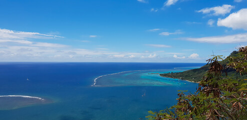 Fototapeta na wymiar Moorea, French Polynesia - 21th January 2021: Panorama view of Moorea Island in French Polynesia , Nature seascape, ocean view from the top of the hill. Best Vacation place , Paradise Island 2021