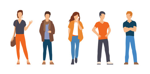 A group of young handsome men and girls. People are standing in casual clothes. Vector isolated flat illustration on white background