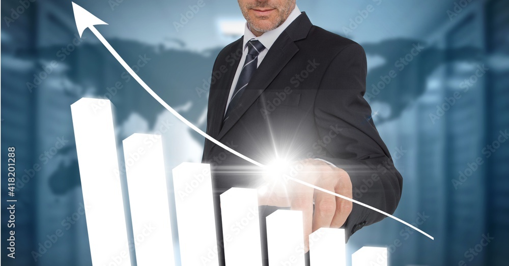 Poster arrow with statistics over man using interactive digital screen