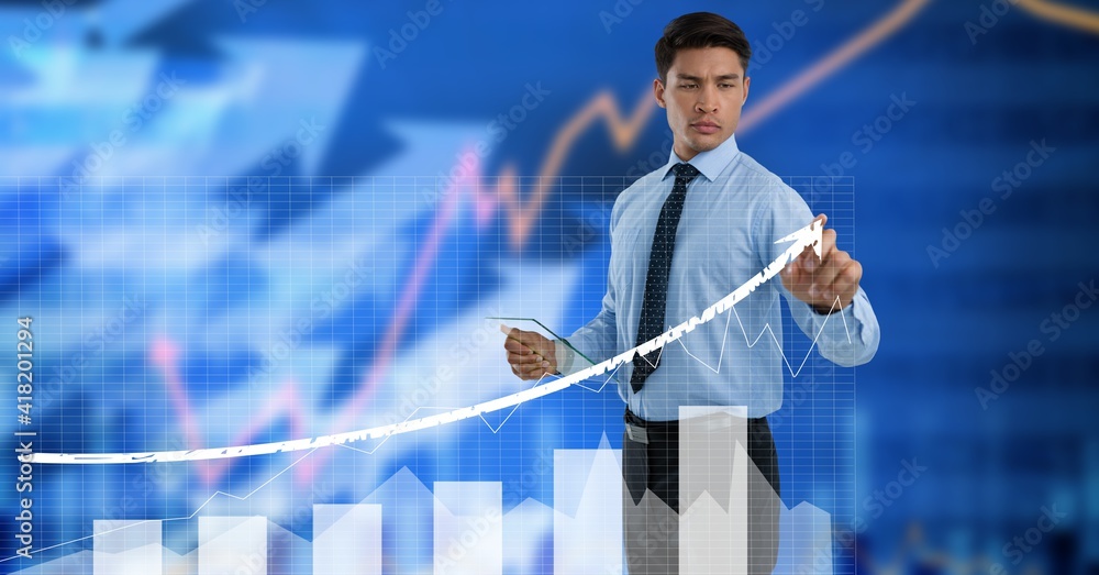 Poster arrow with statistics over man using interactive digital screen