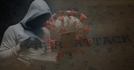 Coronavirus cells over hacker in the background