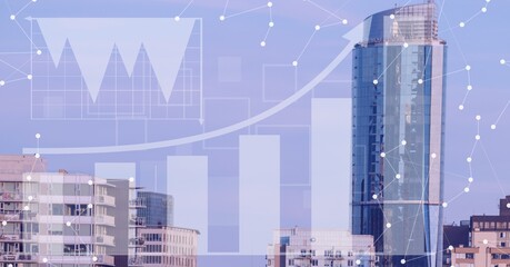 Financial data processing over modern cityscape on blue background