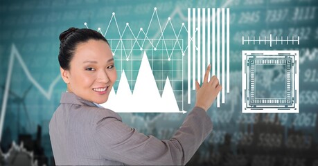 Financial data processing over woman using interactive digital screen