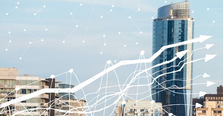 Financial data processing over modern cityscape in background