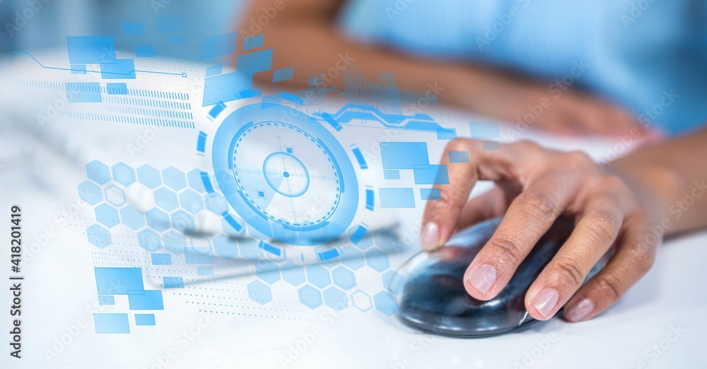 Poster scope with digital icons over woman using computer