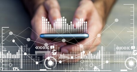 Financial data processing over man using smartphone