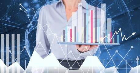 Financial data processing over woman holding tablet