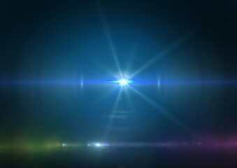 Glowing blue spot of light and light trails on blue background