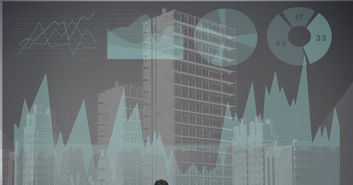 Financial data processing statistics recording over modern cityscape in background