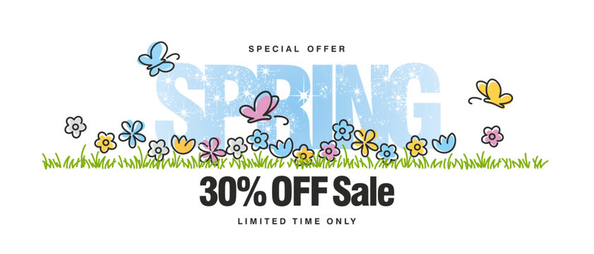Special offer Spring Sale 30 % off with colorful spring flowers butterflies tulips in grass isolated white background