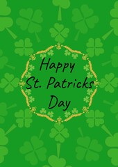 Happy st patrick's day text in frame with clover leaves on green background