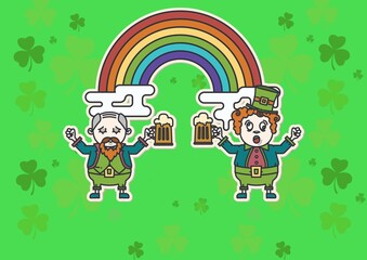 Obraz na płótnie Canvas Leprechauns holding beers over rainbow and green clovers pattern on green background