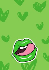 Green lips with tongue sticking out over multiple green heart pattern on green background