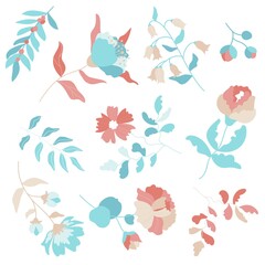 Hello spring. Set of cute hand-drawn Spring flowers. Many bright and beautiful flowers. Cute floral seamless pattern. Vector background with flowers and leaves.