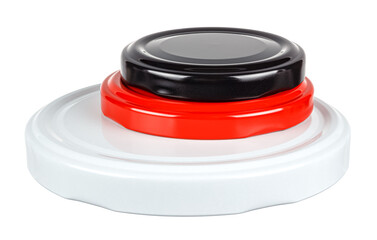 Three different size colored tin screw caps for glass jars in stack isolated on white background