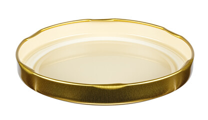 Inverted golden tin screw cap for glass jar isolated on white background