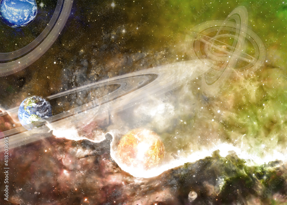 Wall mural somewhere in extreme deep space far galaxies and habitable exoplanets with rings. 3d rendered backgr