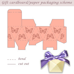 Printable multifaceted paper or cardboard festive packaging and wrapping scheme box for gifts, presents, sweets, laser cut