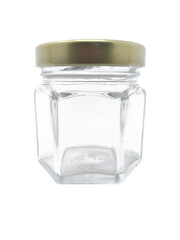 Mini frasco cristalino forma hexagonal  45 ml, tapa color dorada.