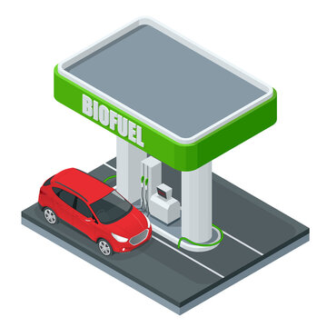 Isometric Biofuel. Green bright Gas station pump with fuel nozzle of petrol pump. Green energy. Save the earth, ecology, alternative energy.