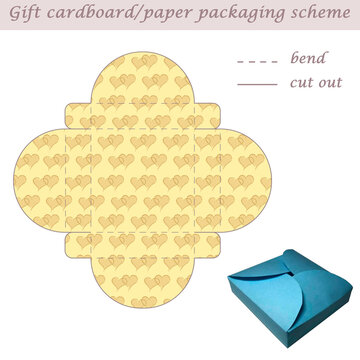 Printable multifaceted paper or cardboard festive packaging and wrapping scheme box for gifts, presents, sweets, laser cut