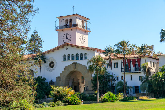 USA, California, Santa Barbara. Exterior of historic Santa Barbara County Courthouse.
