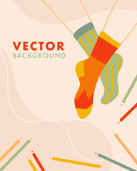 Plantilla vertical de diseño vectorial infantil en estilo minimalista, moderno y lineal de calcetines disparejos y crayones, con espacio para texto.