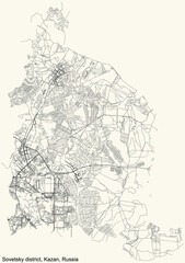 Black simple detailed street roads map on vintage beige background of the quarter Sovetsky district (raion) of Kazan, Russia