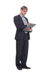 Obraz na płótnie Canvas senior business man with clipboard. isolated on a white background.