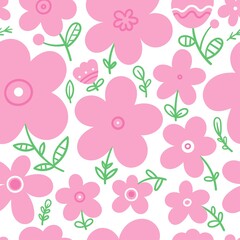 Seamless pattern with different plants and  flowers on  white background. Vector print with herbs. Botanical doodle wallpaper.
