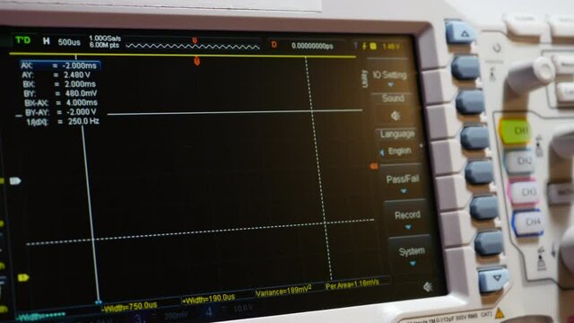 Different Amplitudes Of Waveforms On The Oscilloscope Screen. Close Up Of Oscilloscope In The Workplace.