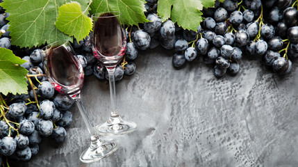 Two wine glasses filled with wine lying in Frame made of grapes. Black juicy grapes Red wine on...