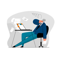 Vector flat illustration with worker, businessman, manager tired at workplace in office. Concept burnout syndrome, planning, fatigue, abnormal working hours. It can be used in web design, banners.