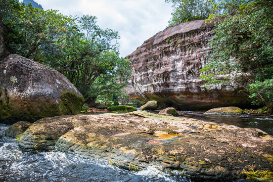 View of a big red stones  along Churun river in Canaima National Park (Bolivar, Venezuela).