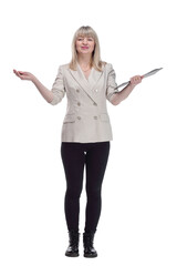 attractive woman with a clipboard . isolated on a white background.