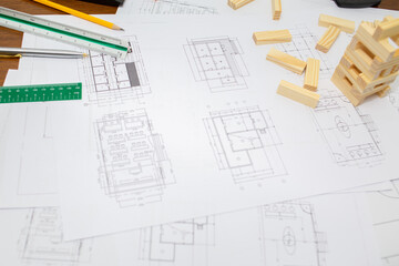 concept architectural Office desk in construction project ideas drawing equipment.