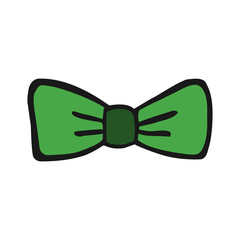 Vector bow icon in hand drawn style. Colorful clothes symbol with black line art. Isolated illustration on white background. Cartoon pictogram for game. Doodle bow tie
