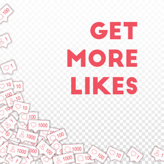Social media icons. Get more likes concept. Falling counter comment friend notification. Delightful