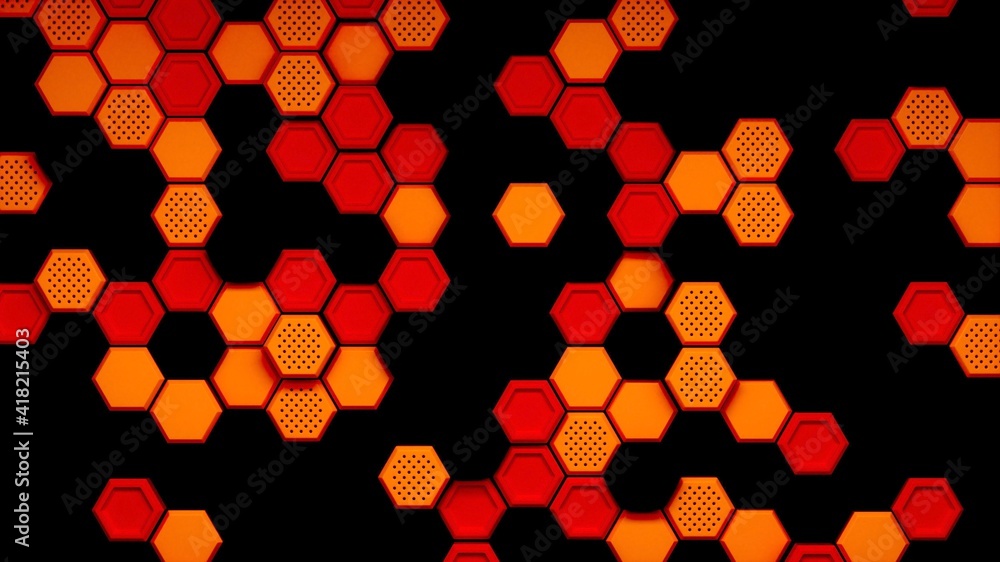 Poster abstract black red orange hexagonal background. embossed hexagon, honeycomb black background ,light 