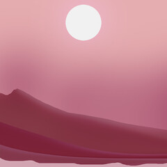 Landscape wallpaper art illustration new red world. Planet Mars pink sunset poster background.