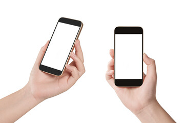 Woman hand holding smartphone with blank screen isolated on white background.
