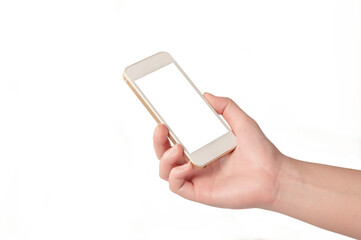 Hand holding smartphone isolated